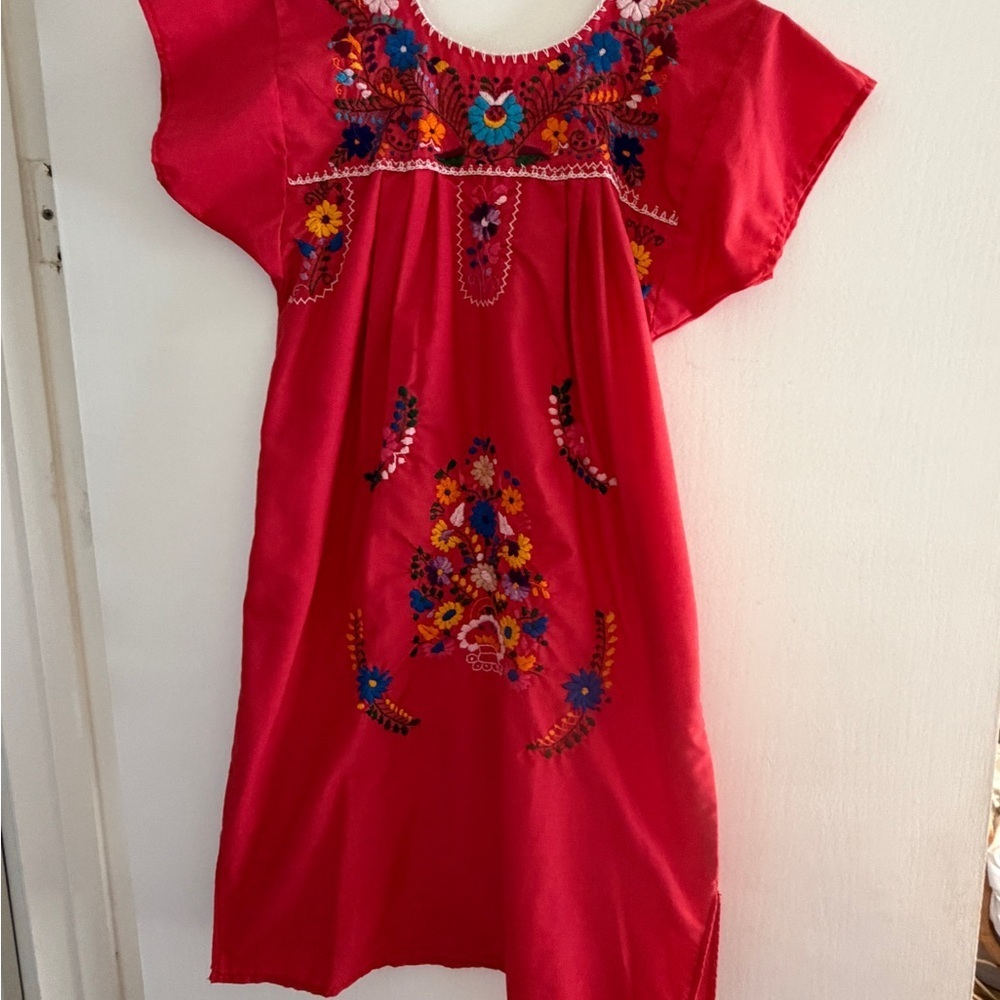 Vintage Mexican Red Embroidered Mini Dress Huipil handmade XS floral - Picture 1 of 7
